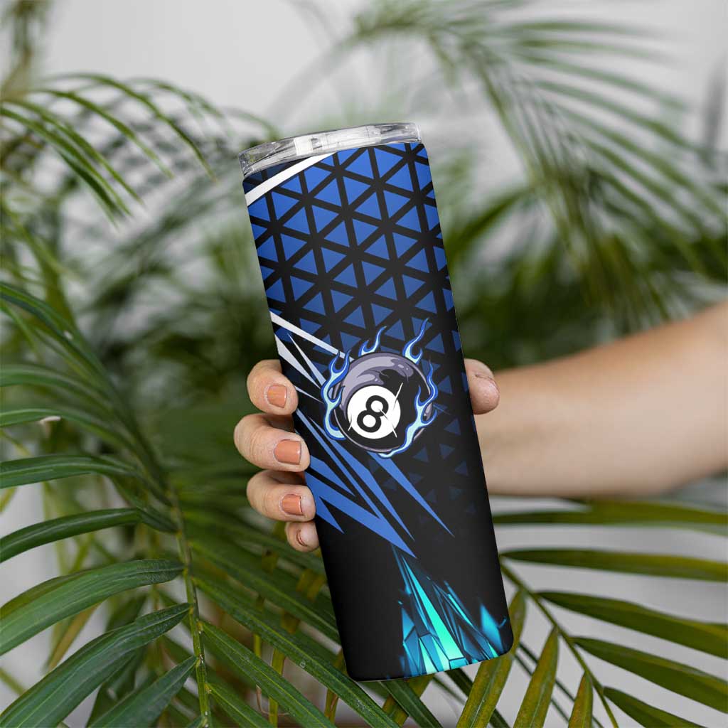 Billiards Design Skinny Tumbler with Blue Flame Eight Ball and Lightning Pattern in Black Cyan Gradient Background - Wonder Print Shop