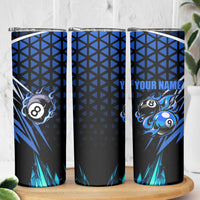 Billiards Design Skinny Tumbler with Blue Flame Eight Ball and Lightning Pattern in Black Cyan Gradient Background - Wonder Print Shop