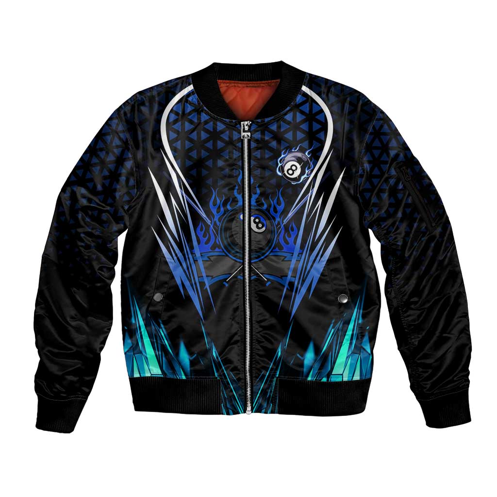 Billiards Design Sleeve Zip Bomber Jacket with Blue Flame Eight Ball and Lightning Pattern in Black Cyan Gradient Background - Wonder Print Shop