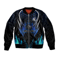 Billiards Design Sleeve Zip Bomber Jacket with Blue Flame Eight Ball and Lightning Pattern in Black Cyan Gradient Background - Wonder Print Shop