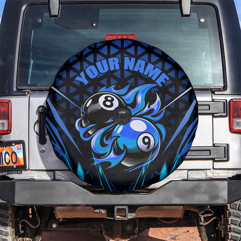 Billiards Design Spare Tire Cover with Blue Flame Eight Ball and Lightning Pattern in Black Cyan Gradient Background - Wonder Print Shop
