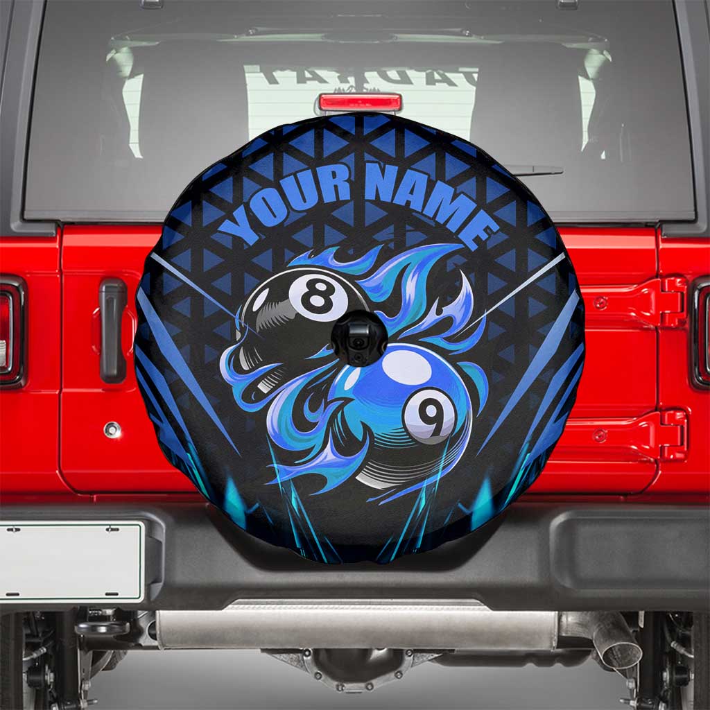 Billiards Design Spare Tire Cover with Blue Flame Eight Ball and Lightning Pattern in Black Cyan Gradient Background - Wonder Print Shop