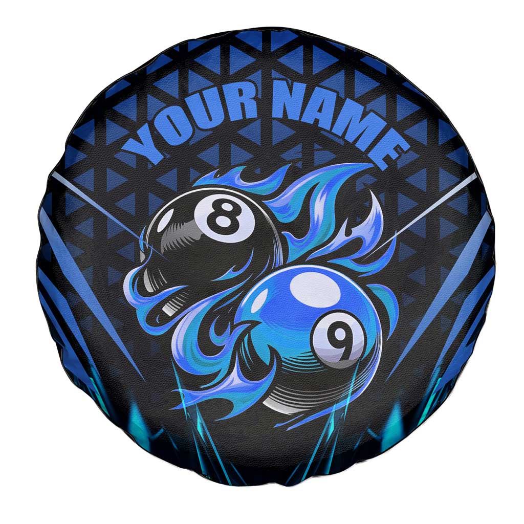 Billiards Design Spare Tire Cover with Blue Flame Eight Ball and Lightning Pattern in Black Cyan Gradient Background - Wonder Print Shop