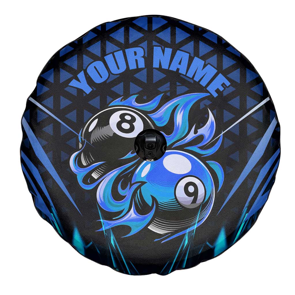 Billiards Design Spare Tire Cover with Blue Flame Eight Ball and Lightning Pattern in Black Cyan Gradient Background - Wonder Print Shop