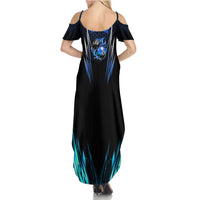 Billiards Design Summer Maxi Dress with Blue Flame Eight Ball and Lightning Pattern in Black Cyan Gradient Background - Wonder Print Shop