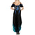Billiards Design Summer Maxi Dress with Blue Flame Eight Ball and Lightning Pattern in Black Cyan Gradient Background - Wonder Print Shop