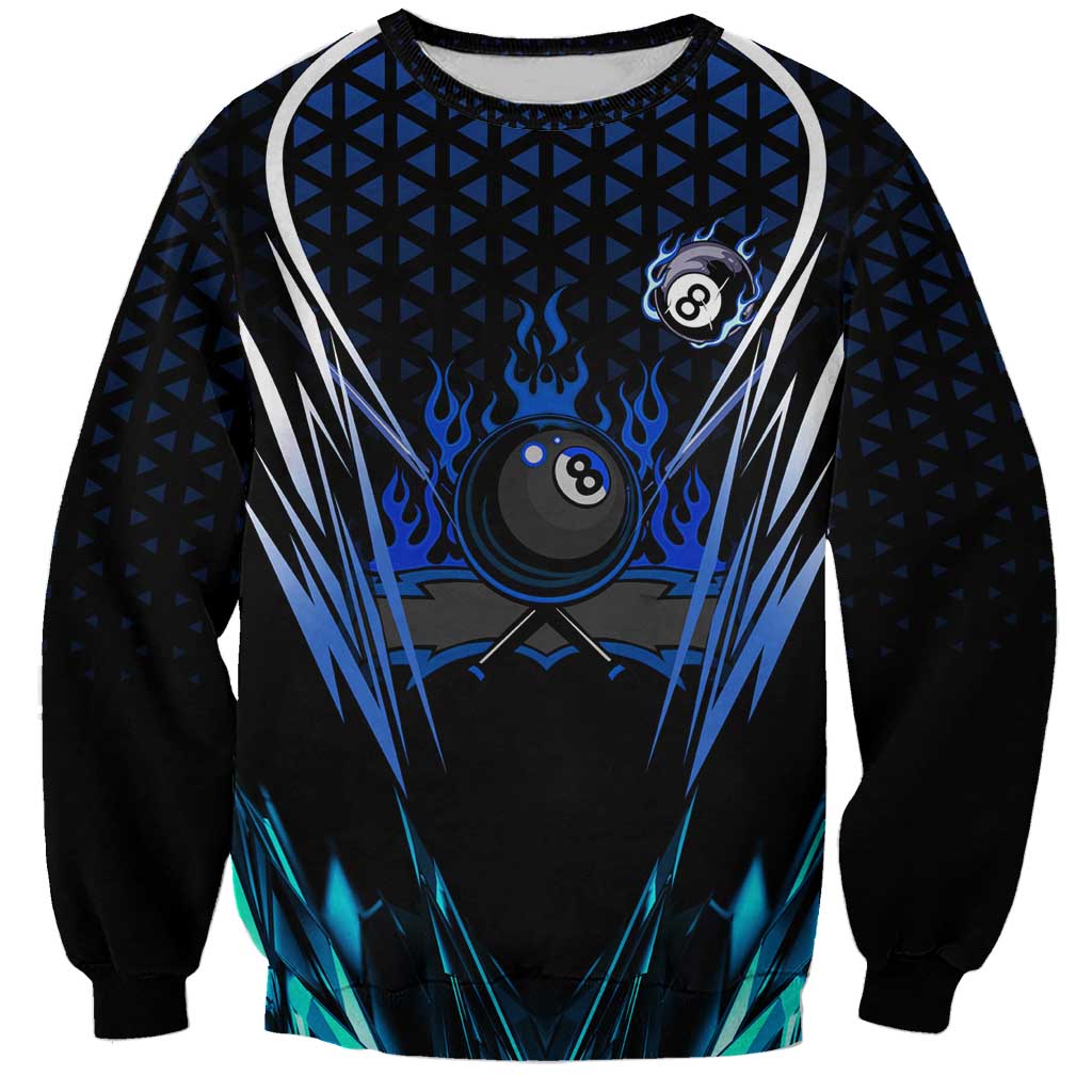 Billiards Design Sweatshirt with Blue Flame Eight Ball and Lightning Pattern in Black Cyan Gradient Background - Wonder Print Shop