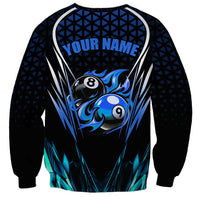 Billiards Design Sweatshirt with Blue Flame Eight Ball and Lightning Pattern in Black Cyan Gradient Background - Wonder Print Shop