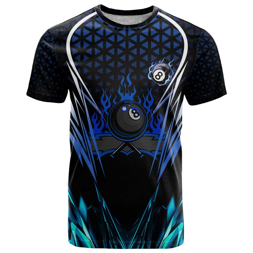 Billiards Design T Shirt with Blue Flame Eight Ball and Lightning Pattern in Black Cyan Gradient Background - Wonder Print Shop