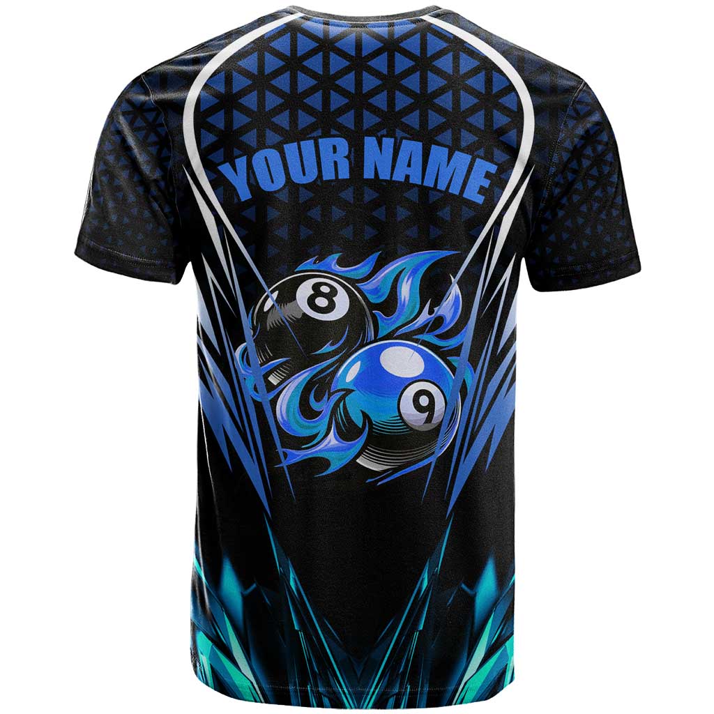 Billiards Design T Shirt with Blue Flame Eight Ball and Lightning Pattern in Black Cyan Gradient Background - Wonder Print Shop
