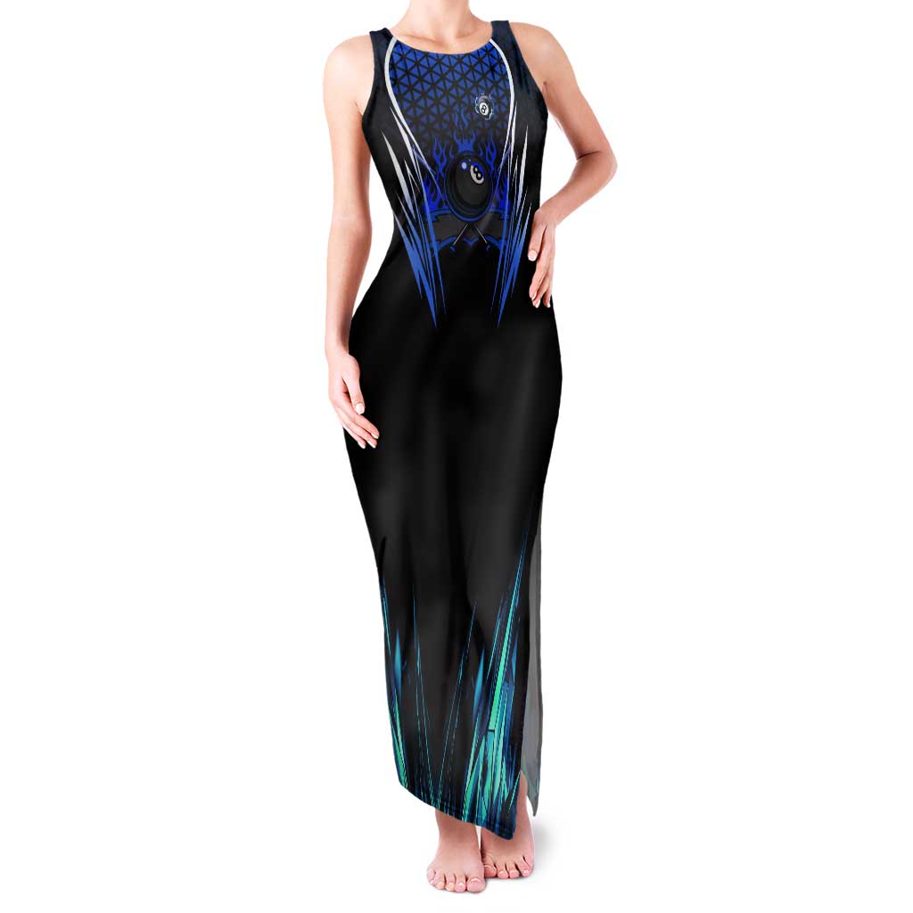 Billiards Design Tank Maxi Dress with Blue Flame Eight Ball and Lightning Pattern in Black Cyan Gradient Background - Wonder Print Shop