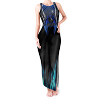 Billiards Design Tank Maxi Dress with Blue Flame Eight Ball and Lightning Pattern in Black Cyan Gradient Background - Wonder Print Shop