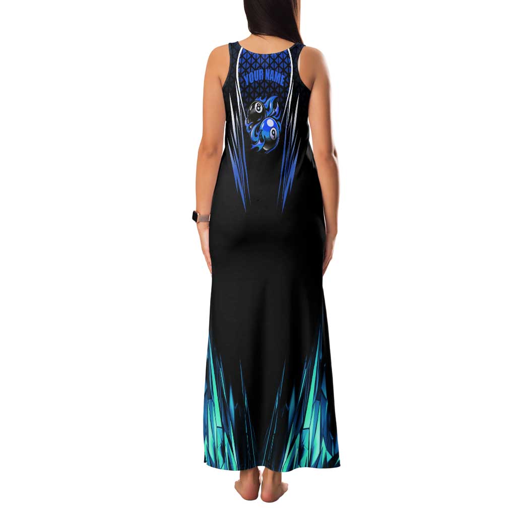 Billiards Design Tank Maxi Dress with Blue Flame Eight Ball and Lightning Pattern in Black Cyan Gradient Background - Wonder Print Shop