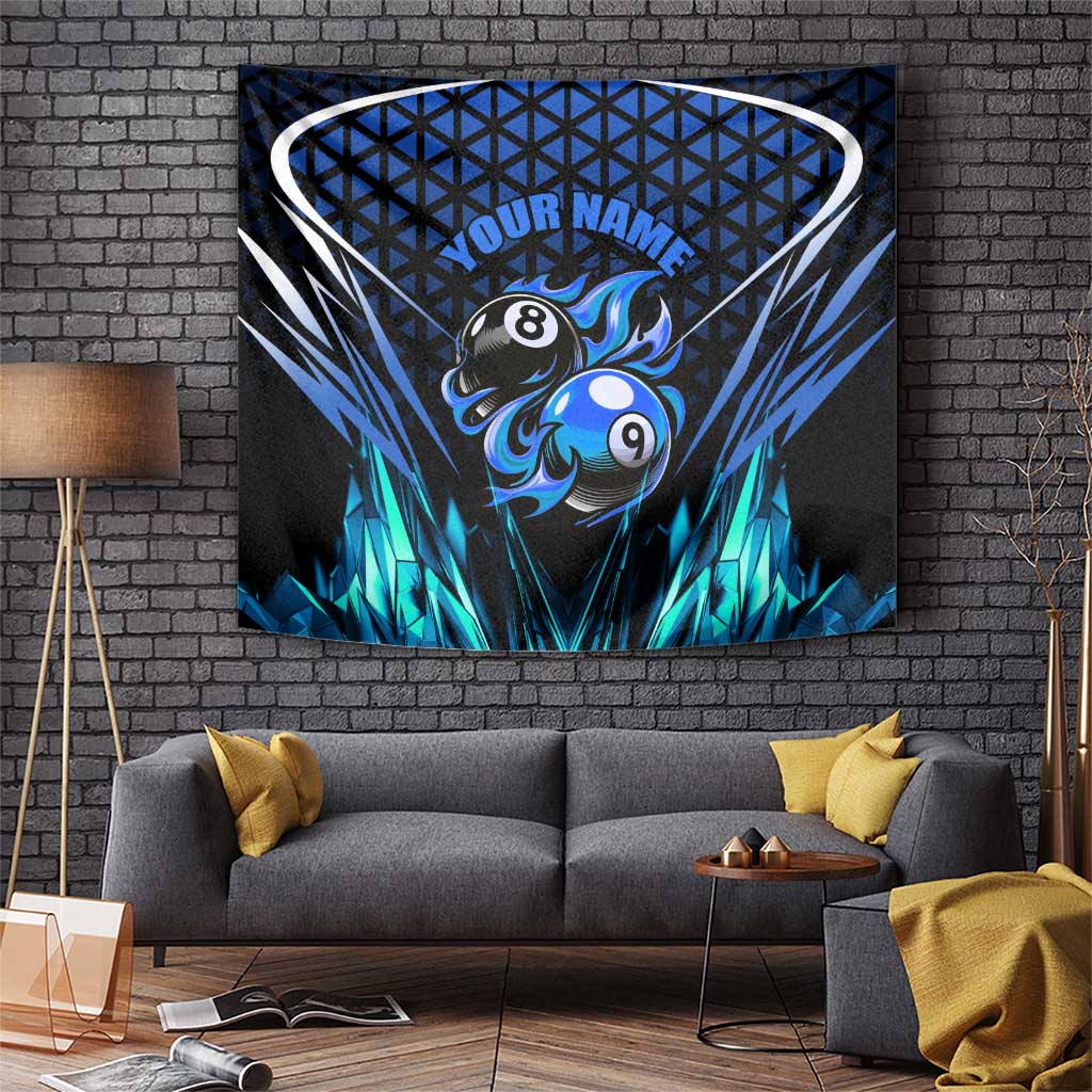 Billiards Design Tapestry with Blue Flame Eight Ball and Lightning Pattern in Black Cyan Gradient Background - Wonder Print Shop