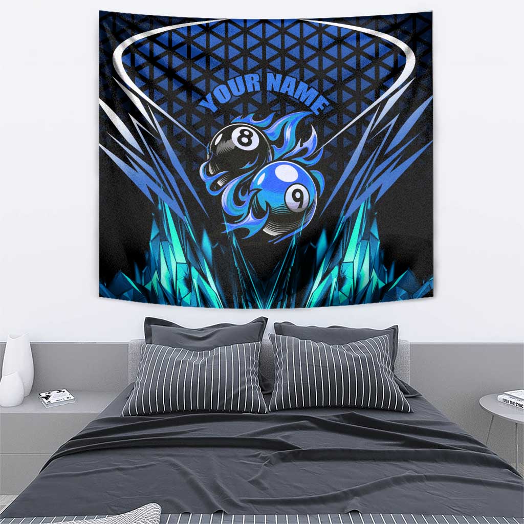 Billiards Design Tapestry with Blue Flame Eight Ball and Lightning Pattern in Black Cyan Gradient Background - Wonder Print Shop