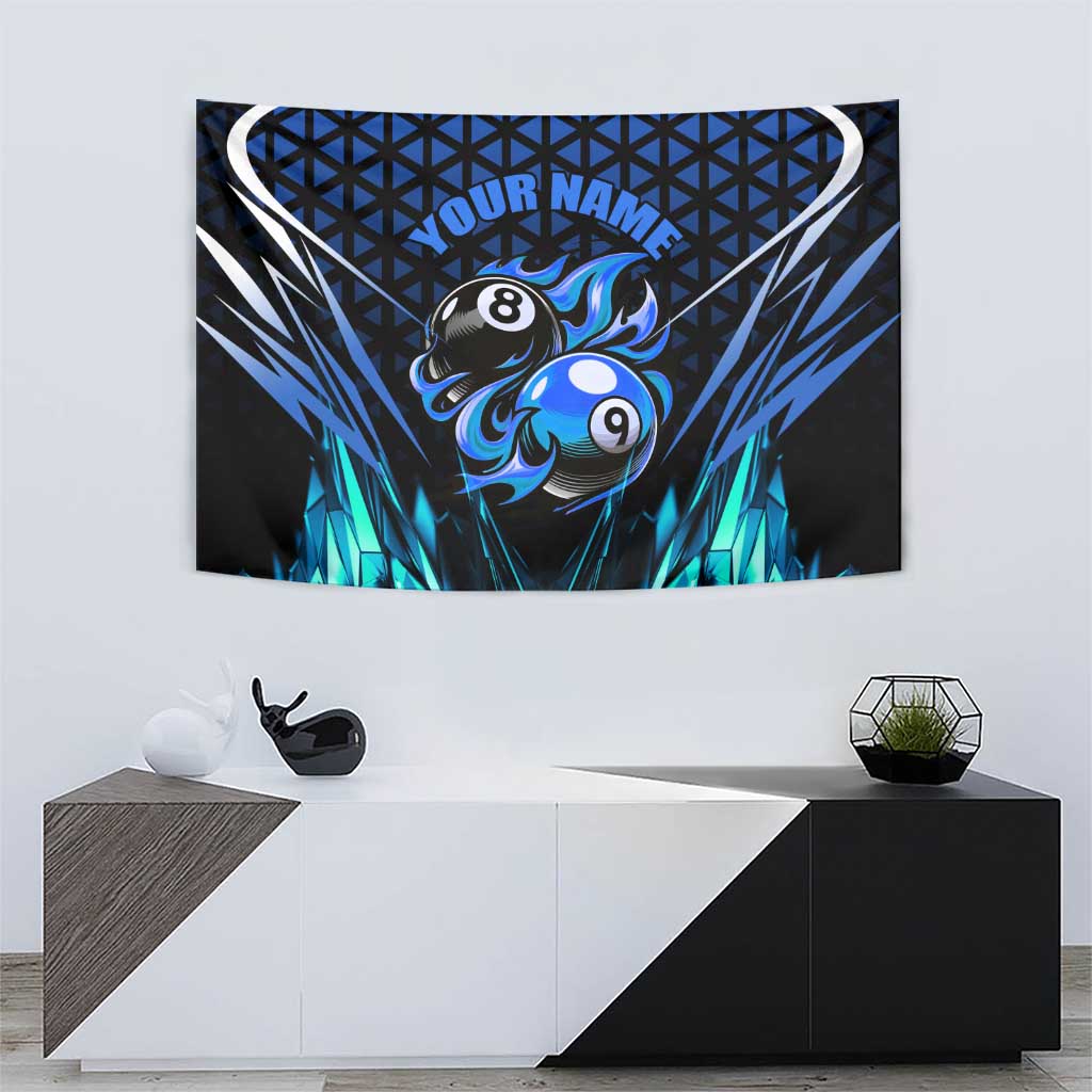 Billiards Design Tapestry with Blue Flame Eight Ball and Lightning Pattern in Black Cyan Gradient Background - Wonder Print Shop