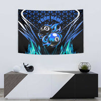 Billiards Design Tapestry with Blue Flame Eight Ball and Lightning Pattern in Black Cyan Gradient Background - Wonder Print Shop