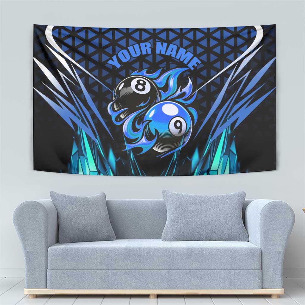 Billiards Design Tapestry with Blue Flame Eight Ball and Lightning Pattern in Black Cyan Gradient Background - Wonder Print Shop