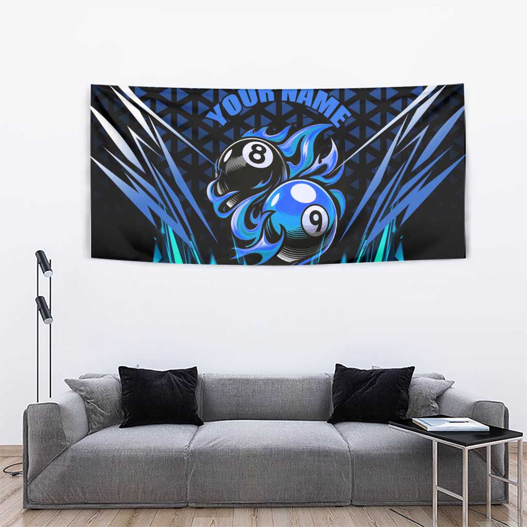 Billiards Design Tapestry with Blue Flame Eight Ball and Lightning Pattern in Black Cyan Gradient Background - Wonder Print Shop