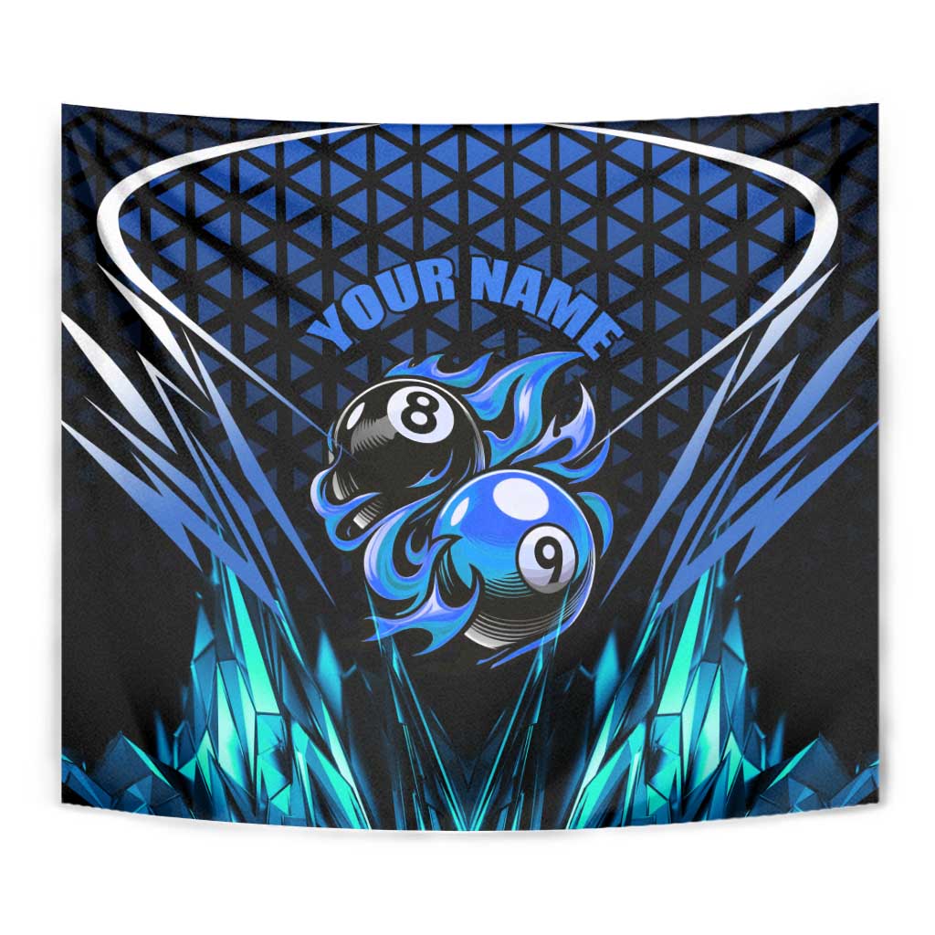 Billiards Design Tapestry with Blue Flame Eight Ball and Lightning Pattern in Black Cyan Gradient Background - Wonder Print Shop