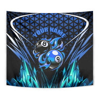 Billiards Design Tapestry with Blue Flame Eight Ball and Lightning Pattern in Black Cyan Gradient Background - Wonder Print Shop