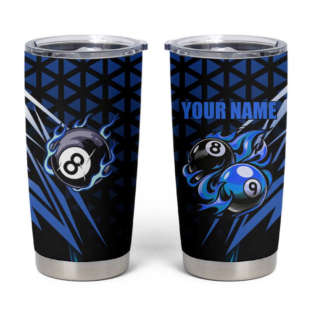 Billiards Design Tumbler Cup with Blue Flame Eight Ball and Lightning Pattern in Black Cyan Gradient Background - Wonder Print Shop