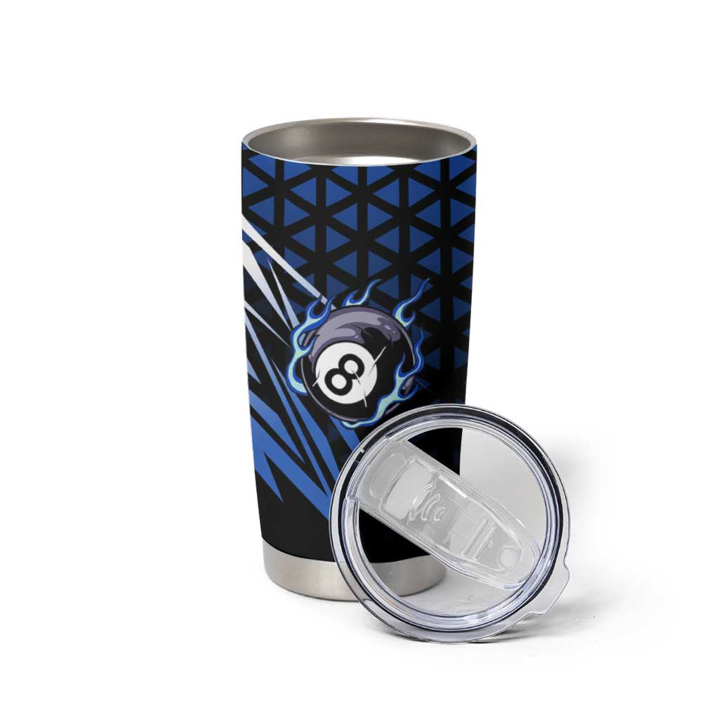 Billiards Design Tumbler Cup with Blue Flame Eight Ball and Lightning Pattern in Black Cyan Gradient Background - Wonder Print Shop