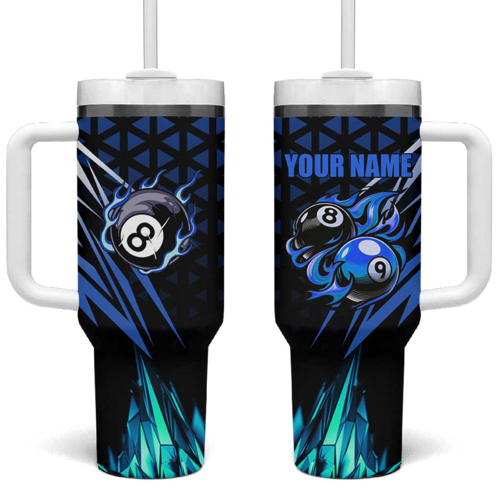 Billiards Design Tumbler With Handle with Blue Flame Eight Ball and Lightning Pattern in Black Cyan Gradient Background - Wonder Print Shop