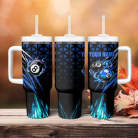 Billiards Design Tumbler With Handle with Blue Flame Eight Ball and Lightning Pattern in Black Cyan Gradient Background - Wonder Print Shop