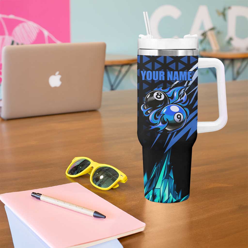 Billiards Design Tumbler With Handle with Blue Flame Eight Ball and Lightning Pattern in Black Cyan Gradient Background - Wonder Print Shop