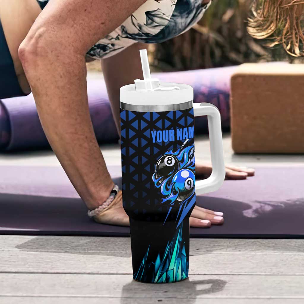 Billiards Design Tumbler With Handle with Blue Flame Eight Ball and Lightning Pattern in Black Cyan Gradient Background - Wonder Print Shop