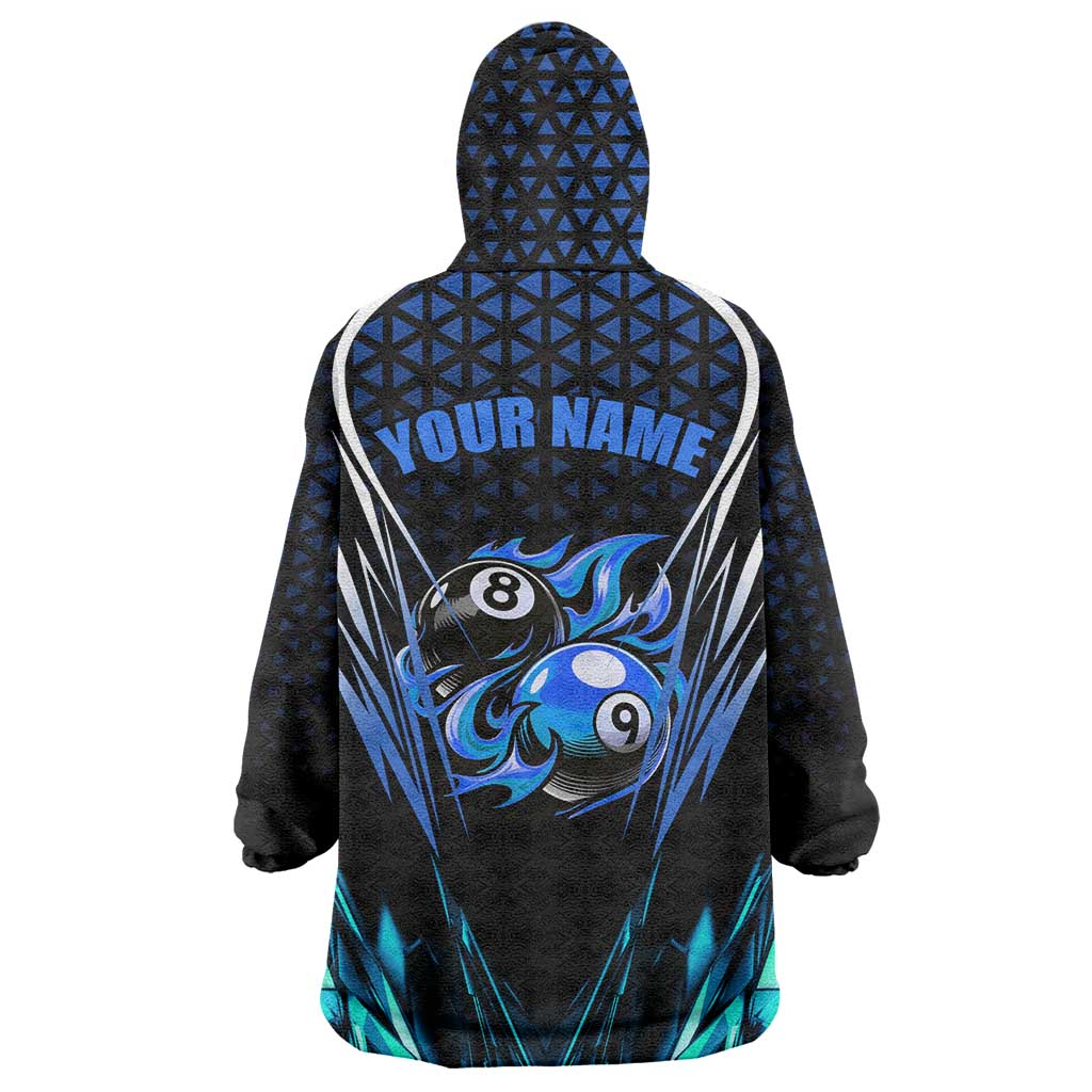 Billiards Design Wearable Blanket Hoodie with Blue Flame Eight Ball and Lightning Pattern in Black Cyan Gradient Background - Wonder Print Shop