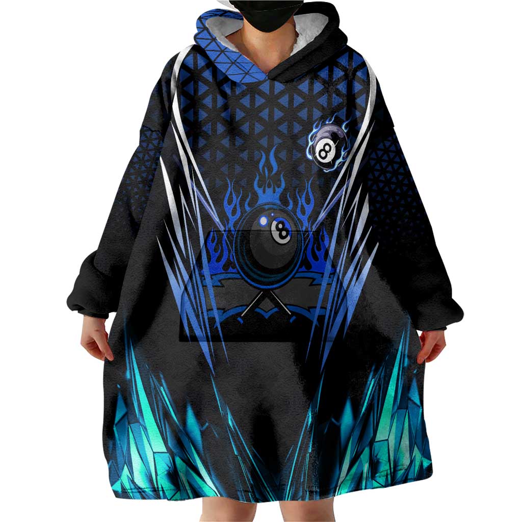 Billiards Design Wearable Blanket Hoodie with Blue Flame Eight Ball and Lightning Pattern in Black Cyan Gradient Background - Wonder Print Shop