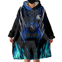 Billiards Design Wearable Blanket Hoodie with Blue Flame Eight Ball and Lightning Pattern in Black Cyan Gradient Background - Wonder Print Shop