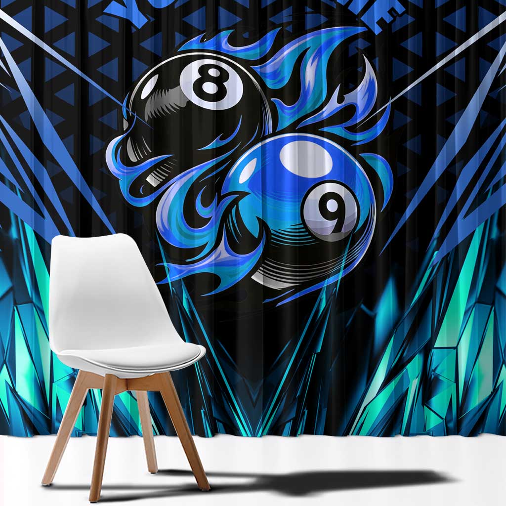 Billiards Design Window Curtain with Blue Flame Eight Ball and Lightning Pattern in Black Cyan Gradient Background - Wonder Print Shop