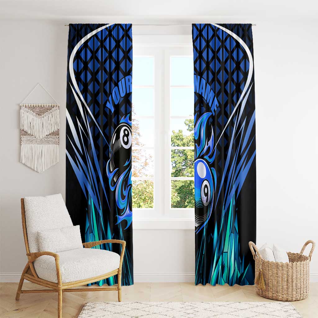 Billiards Design Window Curtain with Blue Flame Eight Ball and Lightning Pattern in Black Cyan Gradient Background - Wonder Print Shop