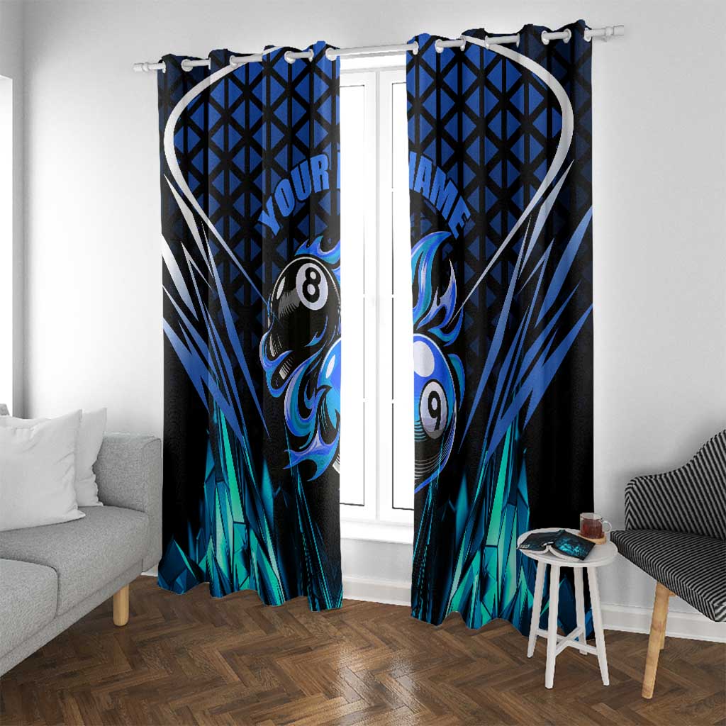 Billiards Design Window Curtain with Blue Flame Eight Ball and Lightning Pattern in Black Cyan Gradient Background - Wonder Print Shop