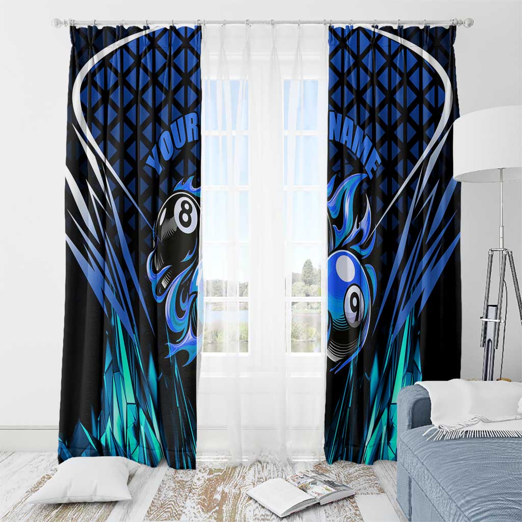 Billiards Design Window Curtain with Blue Flame Eight Ball and Lightning Pattern in Black Cyan Gradient Background - Wonder Print Shop