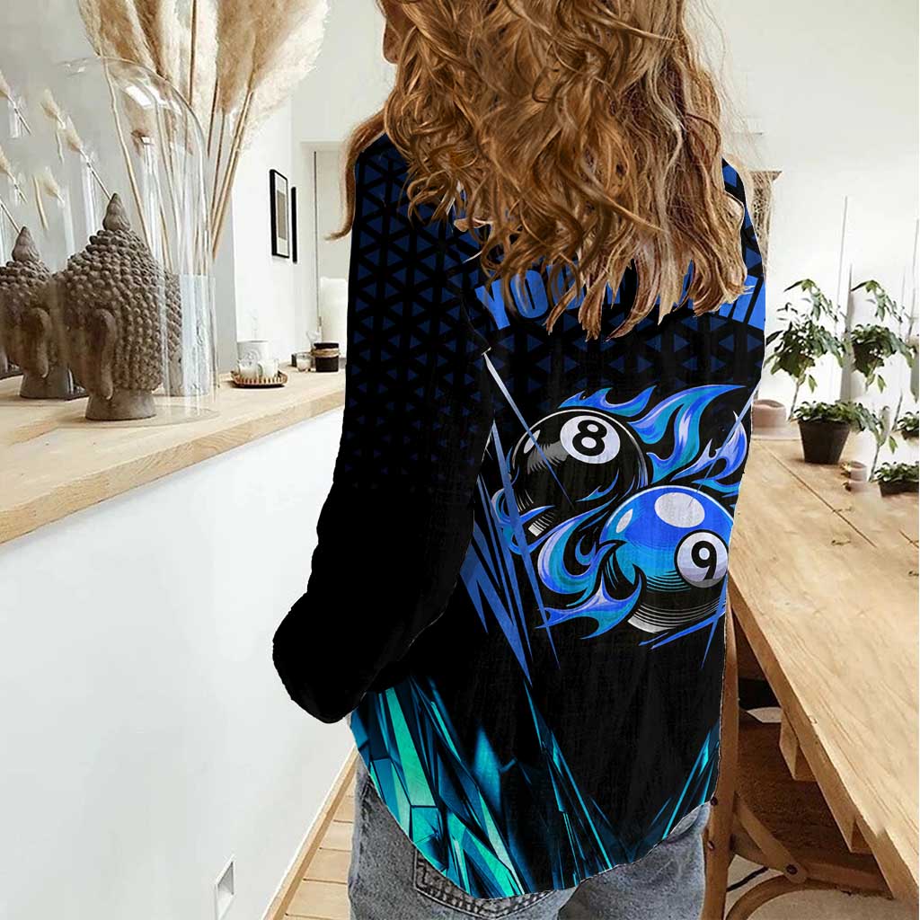 Billiards Design Women Casual Shirt with Blue Flame Eight Ball and Lightning Pattern in Black Cyan Gradient Background - Wonder Print Shop