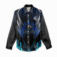 Billiards Design Women Casual Shirt with Blue Flame Eight Ball and Lightning Pattern in Black Cyan Gradient Background - Wonder Print Shop