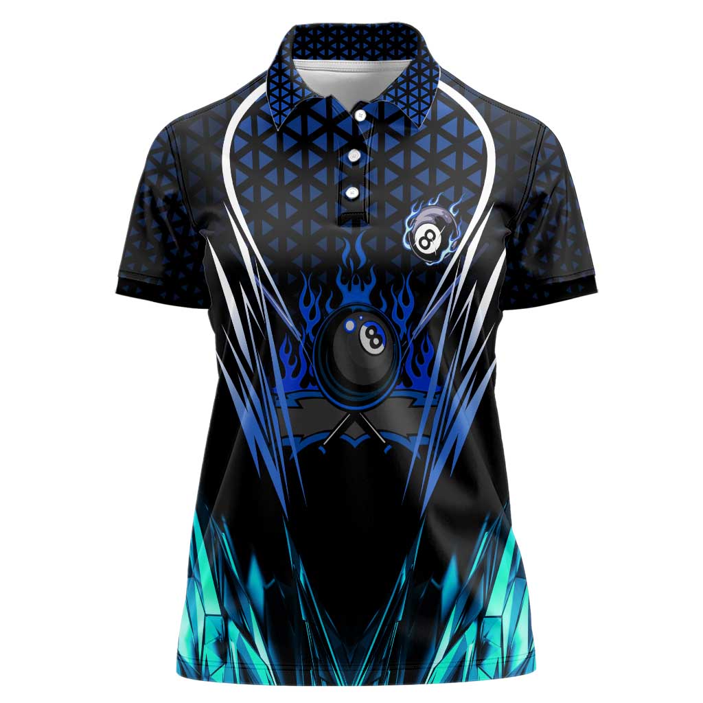 Billiards Design Women Polo Shirt with Blue Flame Eight Ball and Lightning Pattern in Black Cyan Gradient Background - Wonder Print Shop