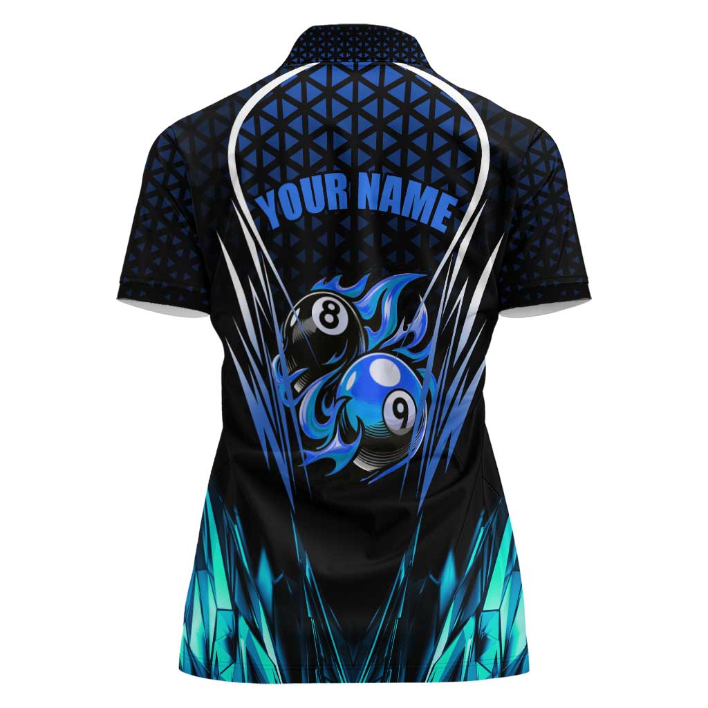 Billiards Design Women Polo Shirt with Blue Flame Eight Ball and Lightning Pattern in Black Cyan Gradient Background - Wonder Print Shop