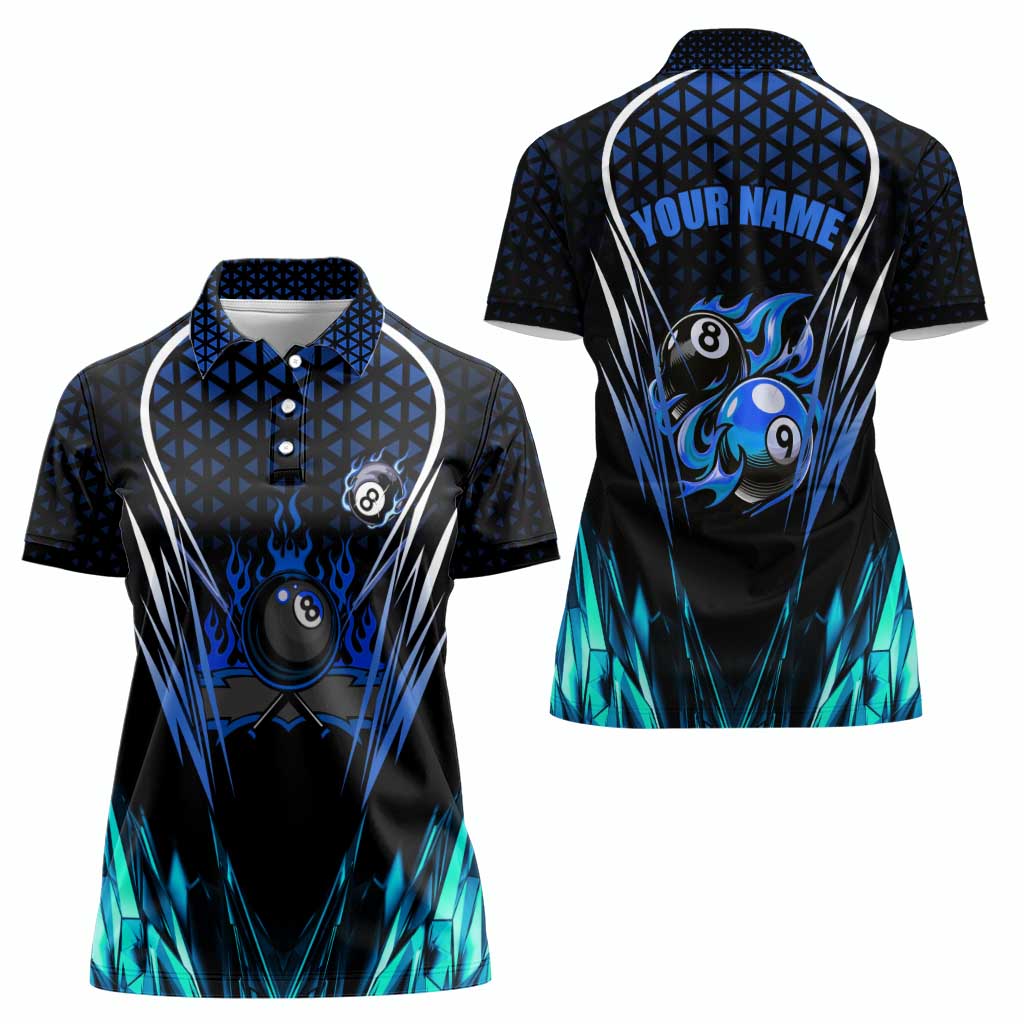 Billiards Design Women Polo Shirt with Blue Flame Eight Ball and Lightning Pattern in Black Cyan Gradient Background - Wonder Print Shop