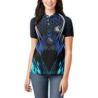 Billiards Design Women Polo Shirt with Blue Flame Eight Ball and Lightning Pattern in Black Cyan Gradient Background - Wonder Print Shop