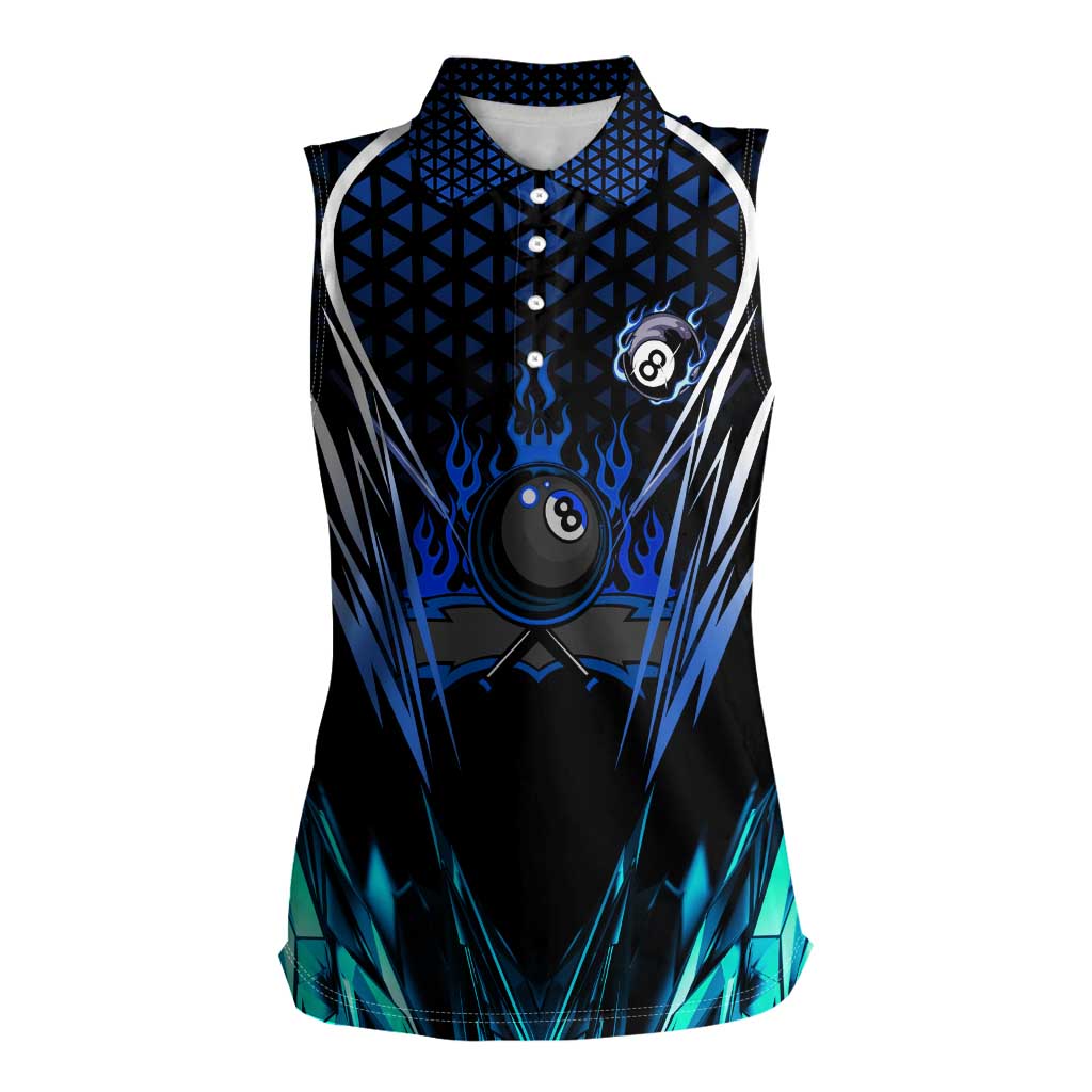 Billiards Design Women Sleeveless Polo Shirt with Blue Flame Eight Ball and Lightning Pattern in Black Cyan Gradient Background - Wonder Print Shop