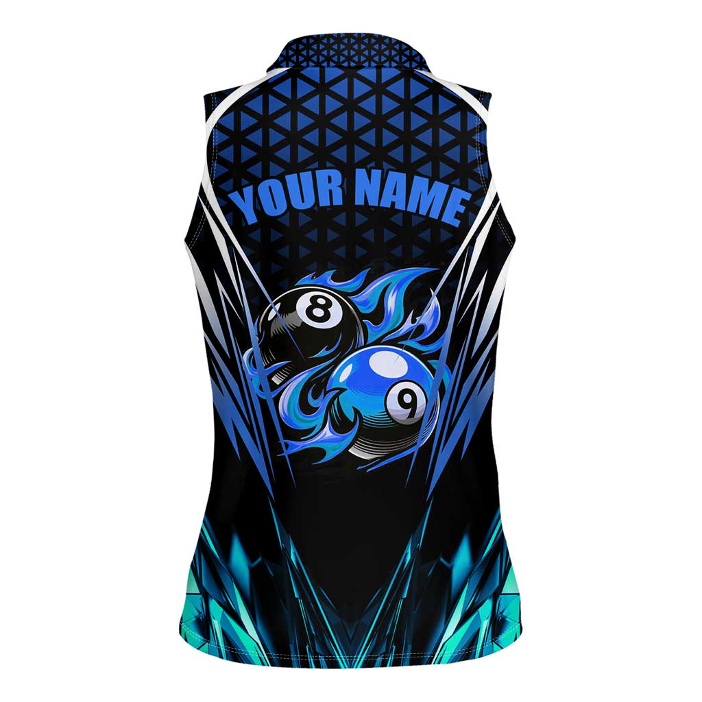 Billiards Design Women Sleeveless Polo Shirt with Blue Flame Eight Ball and Lightning Pattern in Black Cyan Gradient Background - Wonder Print Shop