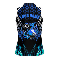 Billiards Design Women Sleeveless Polo Shirt with Blue Flame Eight Ball and Lightning Pattern in Black Cyan Gradient Background - Wonder Print Shop