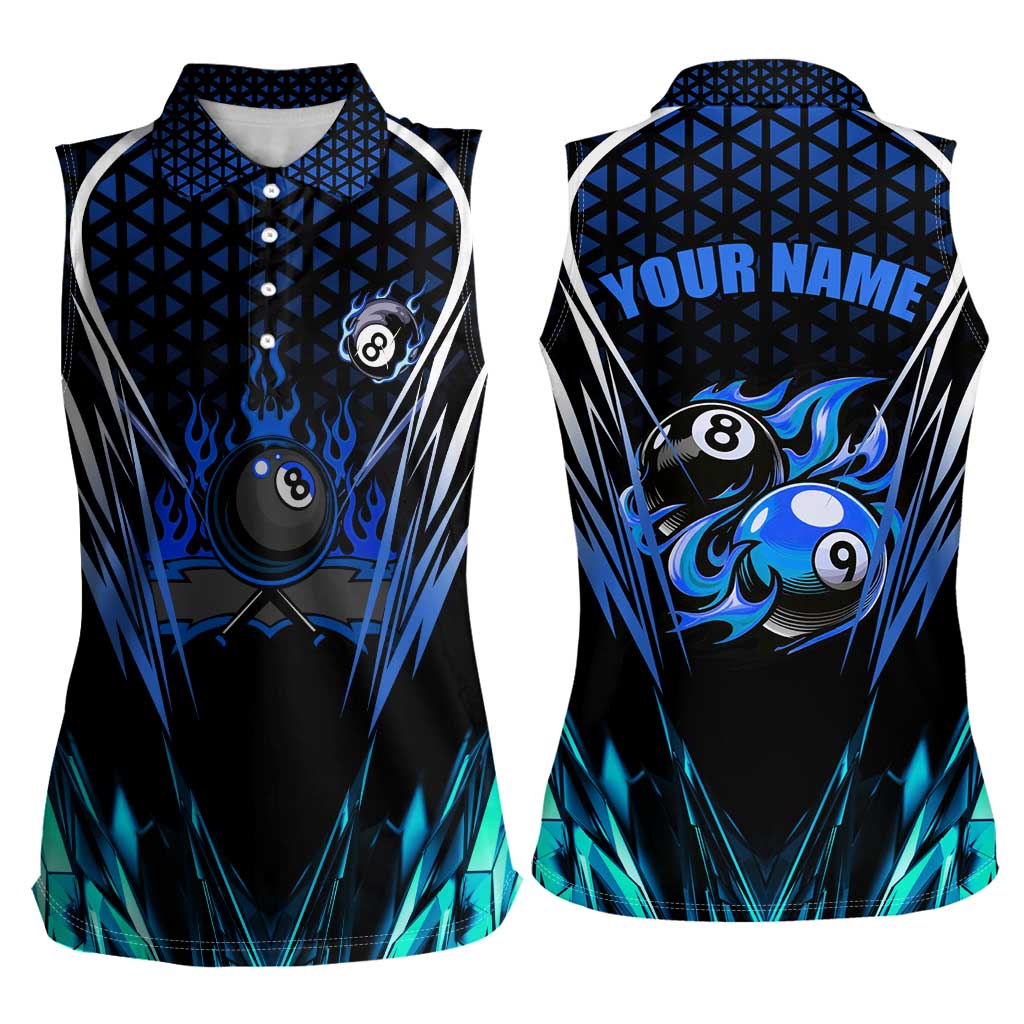 Billiards Design Women Sleeveless Polo Shirt with Blue Flame Eight Ball and Lightning Pattern in Black Cyan Gradient Background - Wonder Print Shop