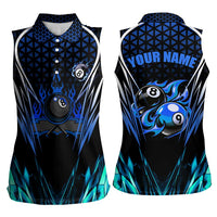 Billiards Design Women Sleeveless Polo Shirt with Blue Flame Eight Ball and Lightning Pattern in Black Cyan Gradient Background - Wonder Print Shop