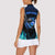 Billiards Design Women Sleeveless Polo Shirt with Blue Flame Eight Ball and Lightning Pattern in Black Cyan Gradient Background - Wonder Print Shop